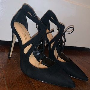 Black lace tie heels